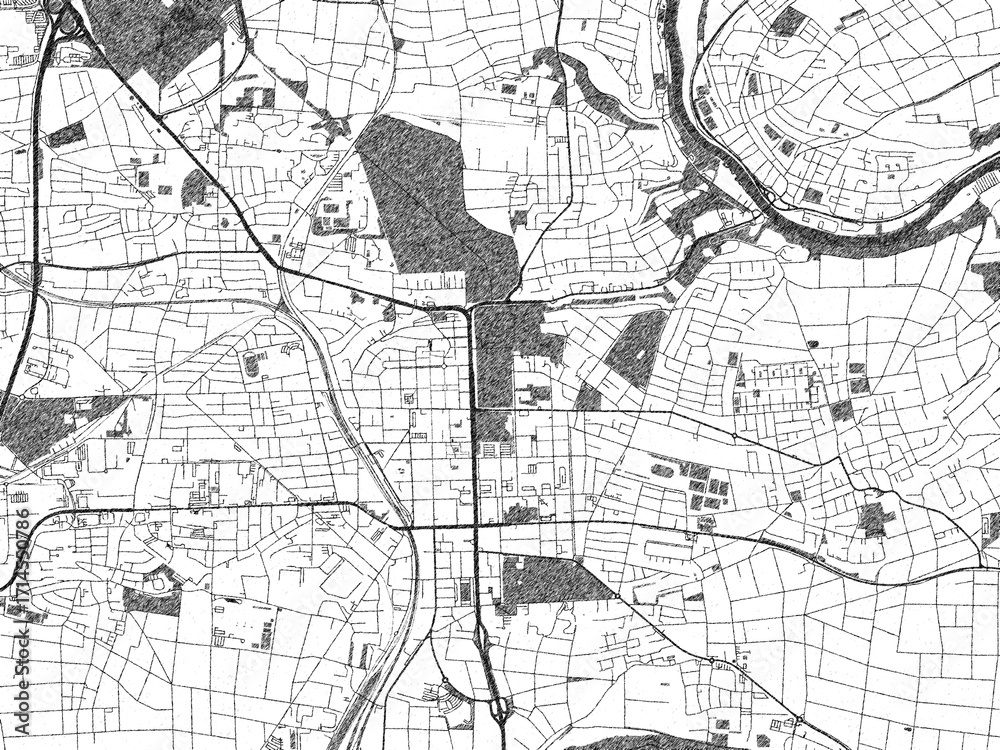 Fototapeta premium Black and white cartographic illustration of Ludwigsburg, Germany, in hand-drawn sketch form.