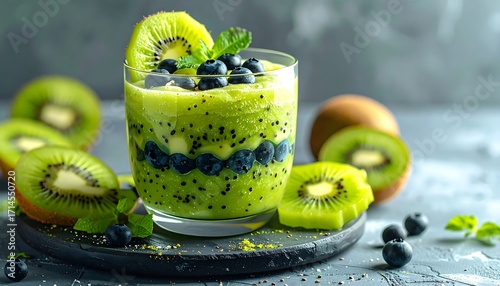 Green smoothie layered with kiwi and blueberries