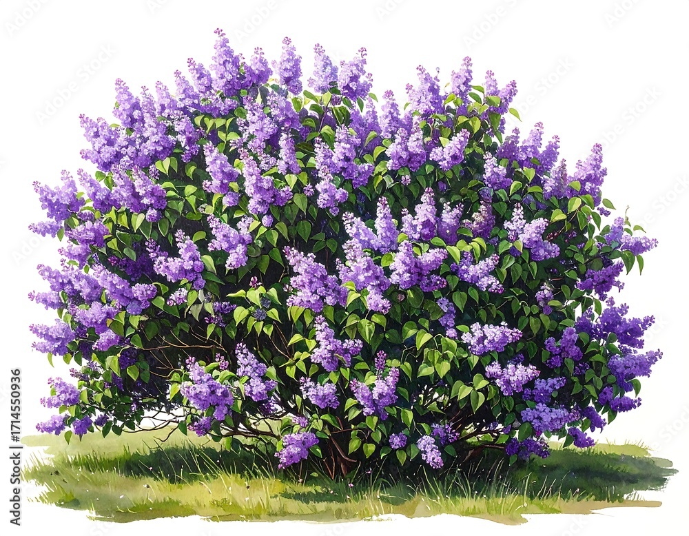 Obraz premium Vibrant lilac bush bursts with blossoms in a detailed illustration, showcasing spring's beauty against a plain white background.