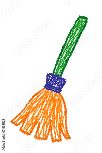 Magical flying broomstick drawn by child using pencil and crayon for Halloween witch accessory - spooky cartoon doodle