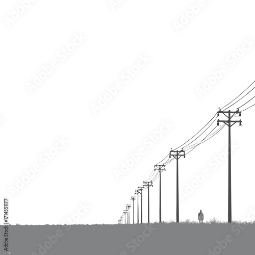 Row of power poles with wires against white sky power lines