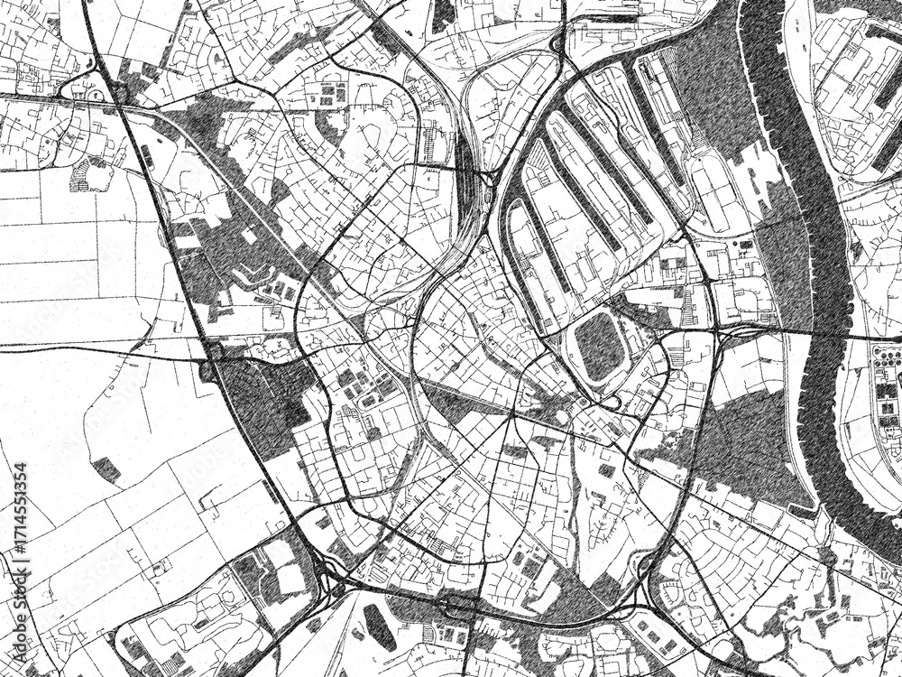 Naklejka premium Detailed black and white map of Neuss, Germany, in artistic sketch style.