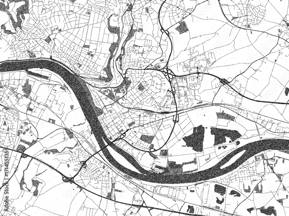 Naklejka premium Hand-drawn black and white city map of Neuwied, Germany, ready for wall art or editorial projects.