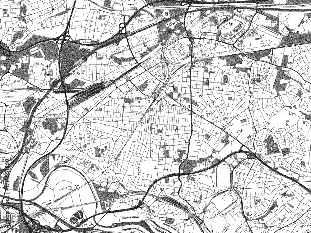 Naklejka premium City map illustration of Oberhausen, Germany, rendered in black and white sketch style.