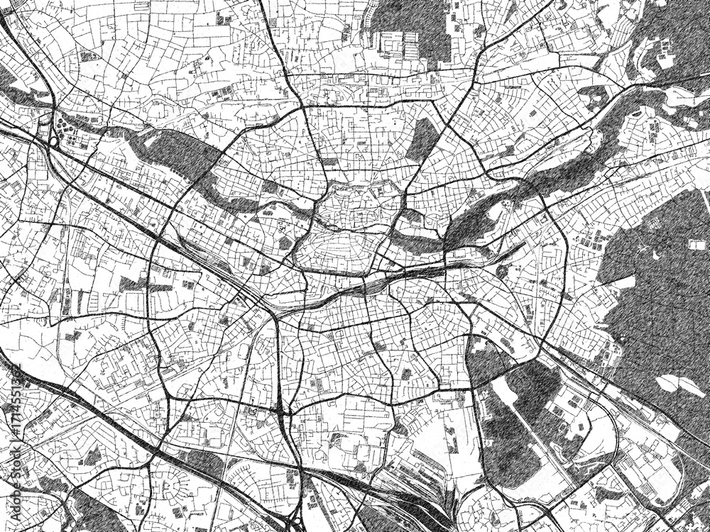 Fototapeta premium Illustrated city map of Nurnberg, Germany, in black and white, showing roads and textures.