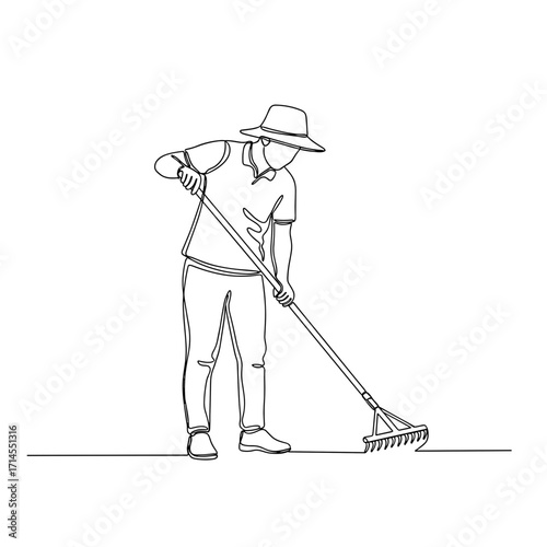 Person raking in minimalist one-line drawing style