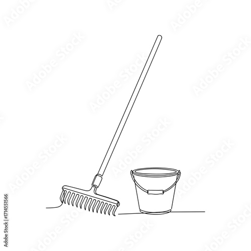 Rake and bucket in minimalist one-line drawing style