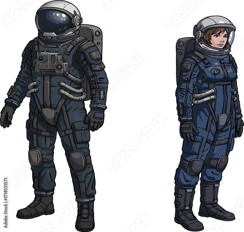 Astronauts, space suits, helmet, visor, tubes, control panel, protective gear, exploration, science, technology, vector, illustration, duo, standing, 