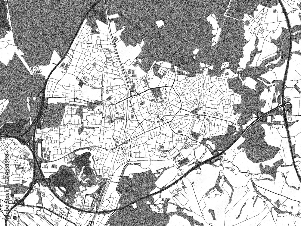Fototapeta premium Stylized decorative city map of Ratingen, Germany, hand-drawn in black and white.