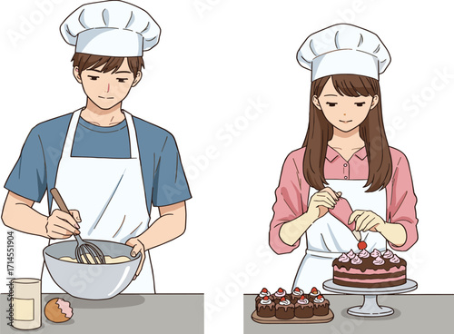 Baking, kitchen, cartoon, chef, pastry, cooking, man, woman, apron, whisk, cake, dessert, food, teamwork, milk, egg, sweet, decoration, illustration, culinary