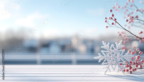 White snowflake and red berries winter scene