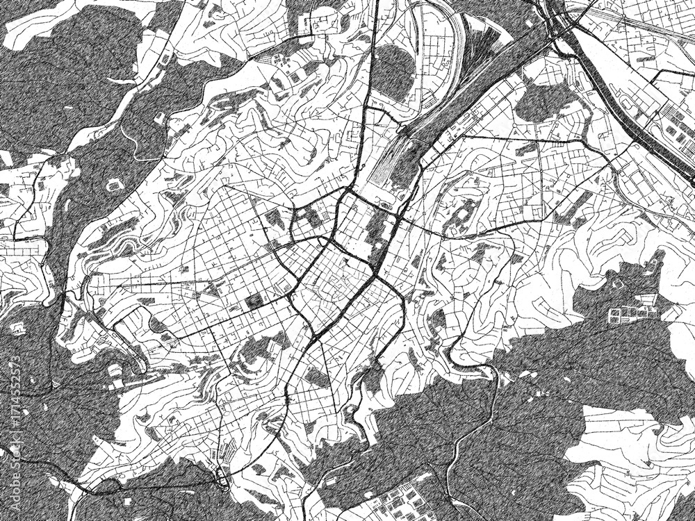 Fototapeta premium Urban black and white map of Stuttgart, Germany, designed in a sketch style for prints.