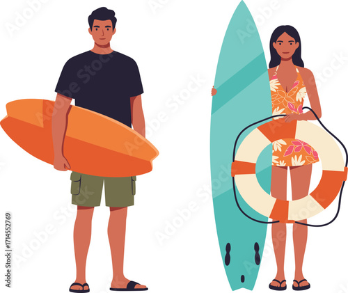 Beach, surfing, cartoon, summer, surfboard, man, woman, swimsuit, flip-flops, ocean, fun, lifestyle, active, sport, wave, outdoor, illustration, culture, adventure, tropical