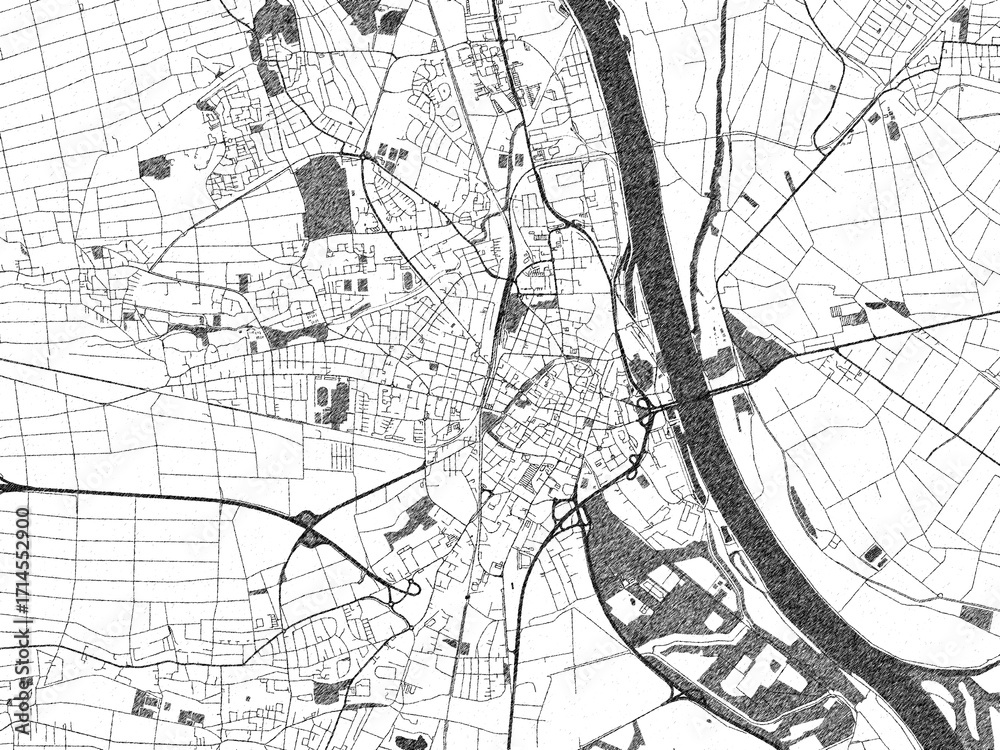 Fototapeta premium Black and white illustrated map of Worms, Germany, with streets, rivers, and neighborhoods.