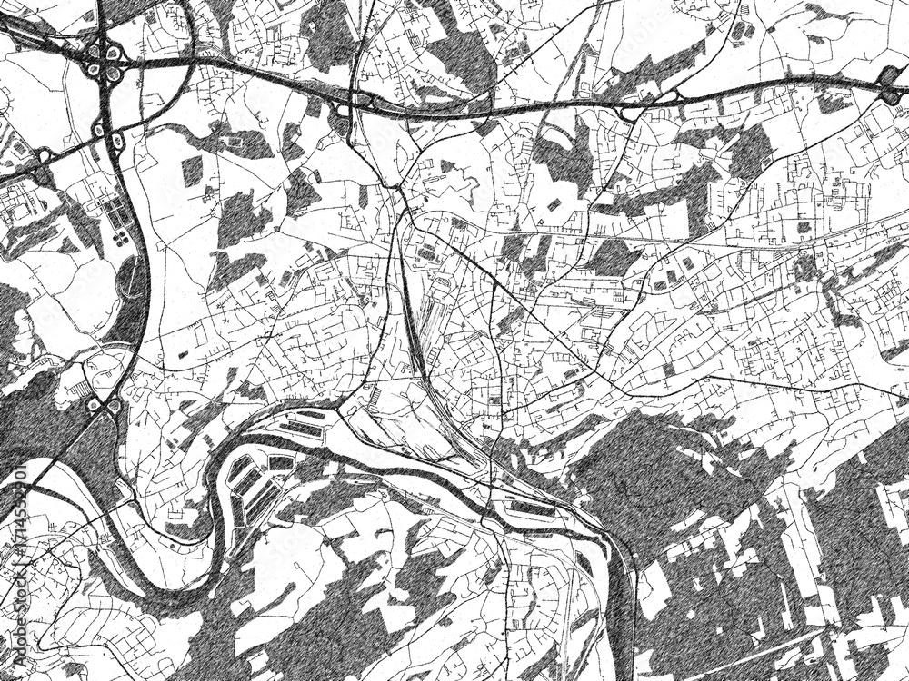 Naklejka premium Hand-drawn black and white city map of Witten, Germany, ready for wall art or editorial projects.