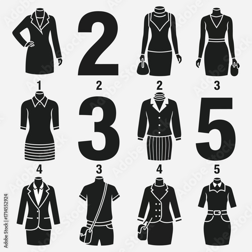 Collection of diverse women's fashion silhouettes showcasing various elegant outfits and contemporary styles for business and casual wear, ideal for lifestyle and apparel design projects