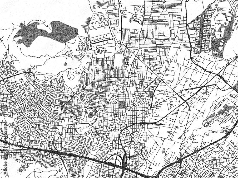 Naklejka premium Hand-drawn style black and white city map of Acharnes, Greece, with detailed streets and textures.