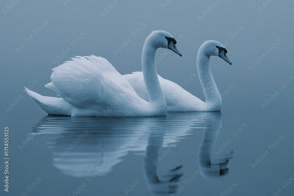 Fototapeta premium Graceful Serenity: Two Swans Reflecting in Calm Waters at Dusk in Subtle Blue Tones