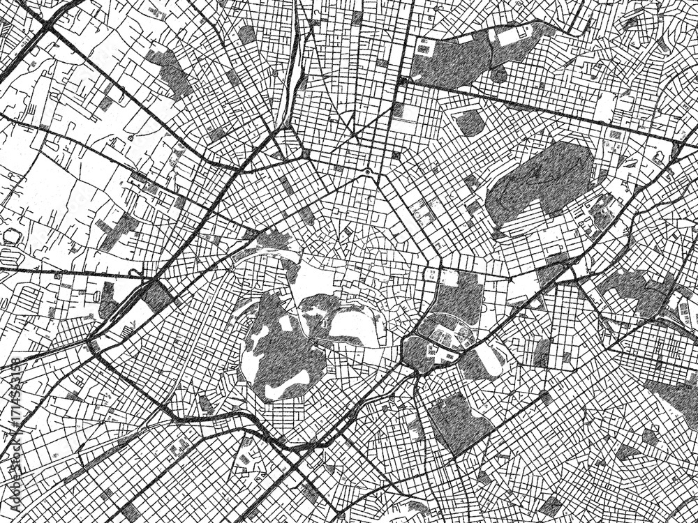Naklejka premium Black and white illustrated map of Athens, Greece, with streets, rivers, and neighborhoods.