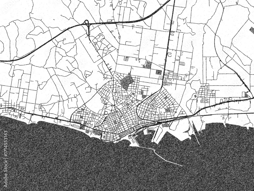 Fototapeta premium Hand-drawn style black and white city map of Alexandroupoli, Greece, with detailed streets and textures.