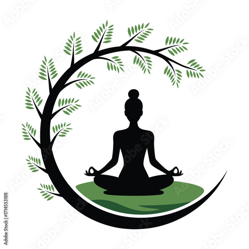Minimalist yoga meditation silhouette under leafy tree branch, serene wellness illustration with woman in lotus pose, nature-inspired vector design for mindfulness, balance, spirituality, and holistic