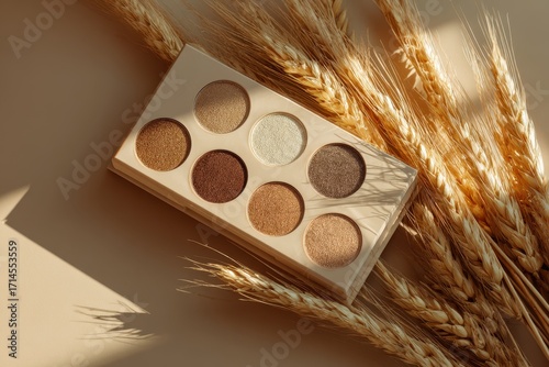 Earthy Tones Eyeshadow Palette Nestled Amongst Golden Wheat Stalks Under Soft Sunlight.