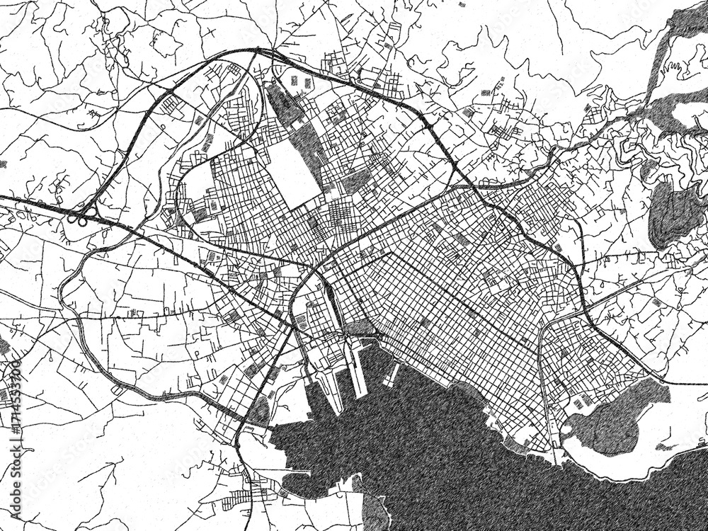 Obraz premium Monochrome hand-drawn map of Volos, Greece, ideal for decorative and editorial use.