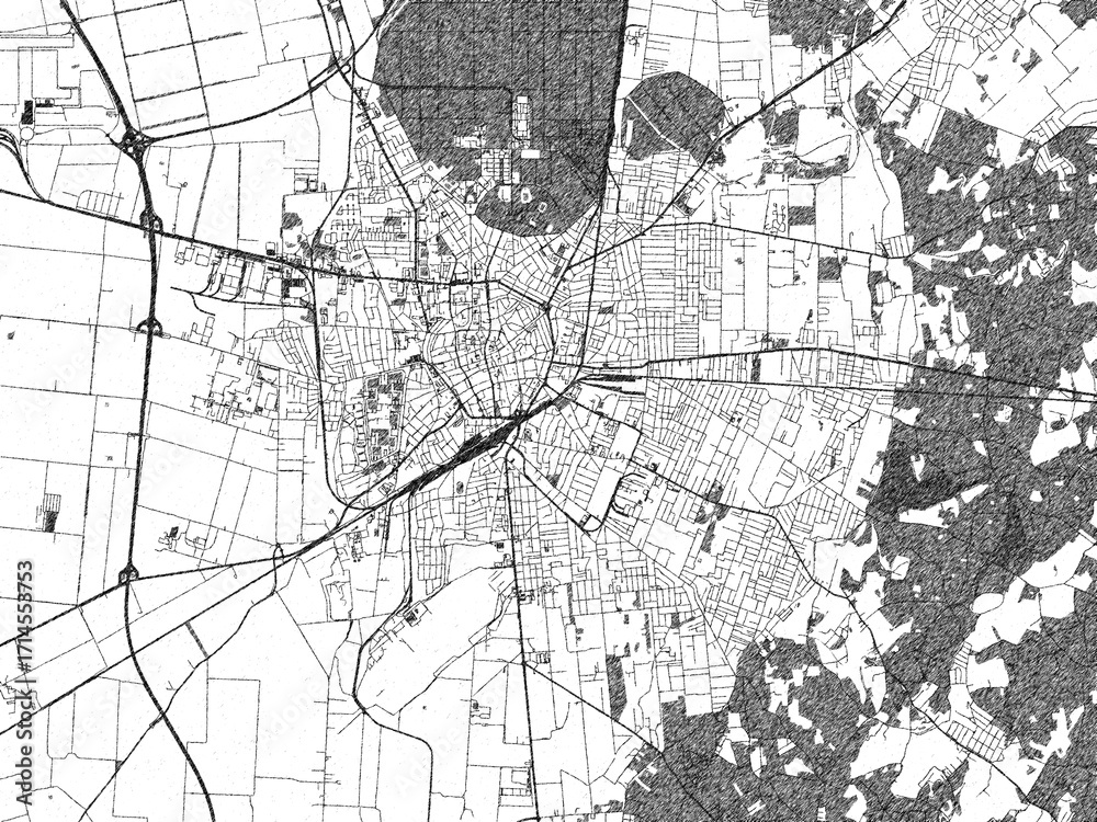 Fototapeta premium Poster-style sketch map of Debrecen, Hungary, designed in artistic monochrome.