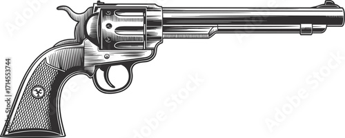 Single Action Revolver Vector – Vintage Black and White Handgun Illustration for Western, Firearm, Weapon, Military, Cowboy, and Engraved Art Themes