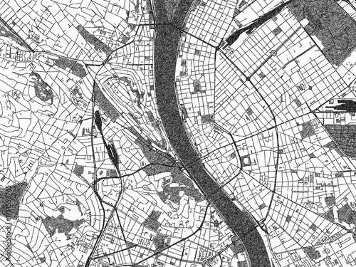Canvas Print Decorative black and white map of Budapest City Center, Hungary, rendered in sketch-like style