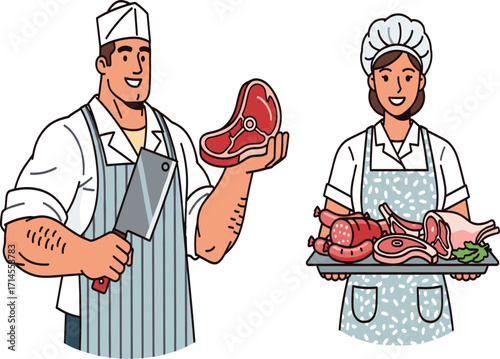 Butcher illustration, raw meat, cleaver and tray, food preparation, occupational attire, vector art, flat design, stock image, character pose