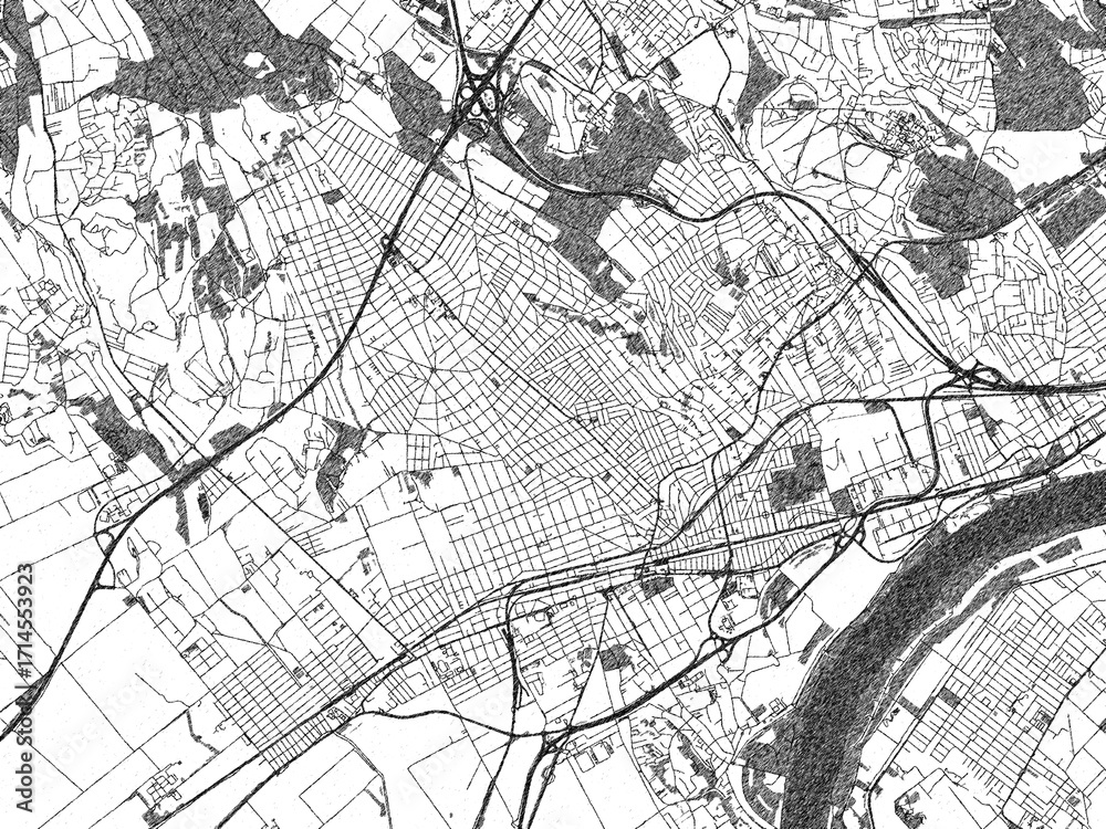 Naklejka premium Stylized black and white urban map of Erd, Hungary, hand-drawn for decor and creative use.