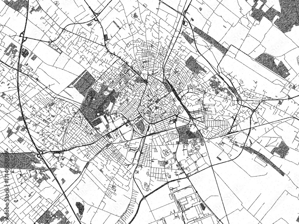 Naklejka premium Illustrated map of Kecskemet, Hungary, in black and white hand-drawn digital style.