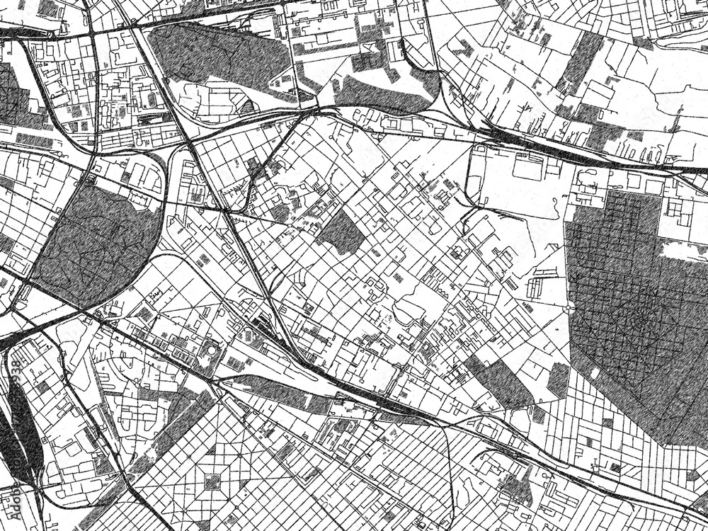 Naklejka premium Black and white illustrated map of Kobanya, Hungary, with streets, rivers, and neighborhoods.