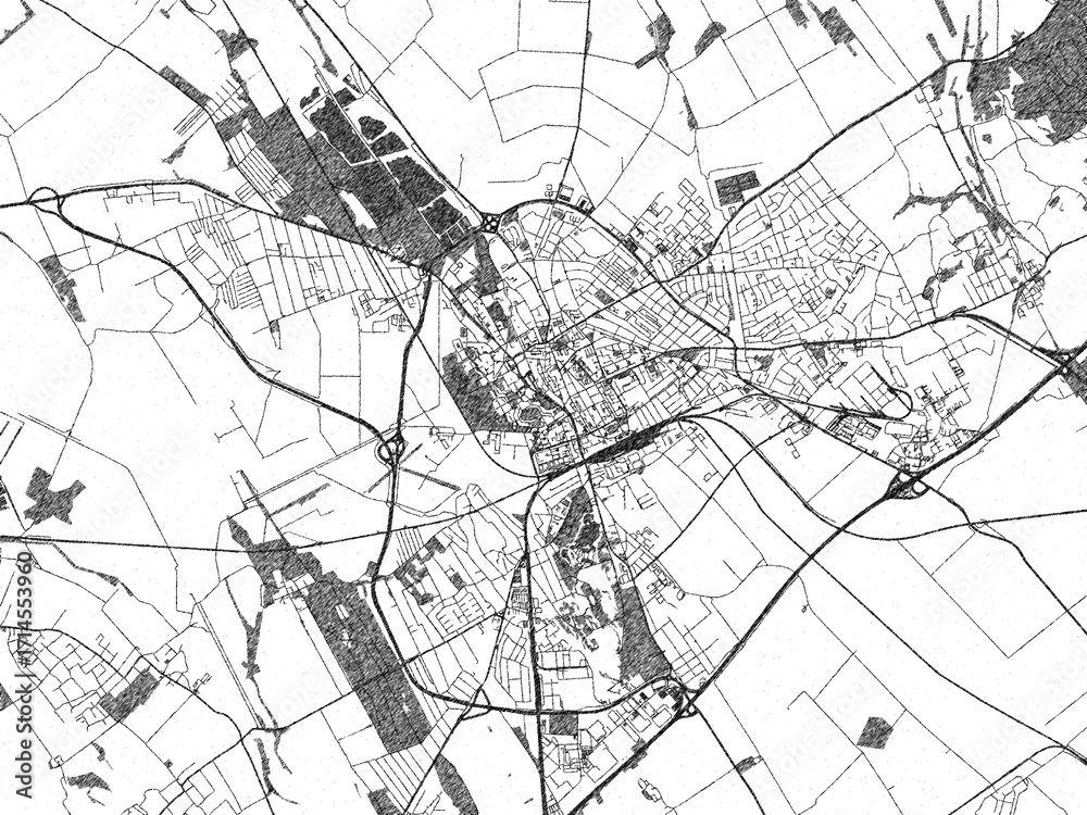 Fototapeta premium Hand-drawn black and white city map of Szekesfehervar, Hungary, ready for wall art or editorial projects.