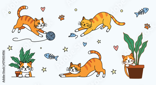 Playful cartoon cats interacting with yarn, plants, and fish toys in a lively decorative illustration style.