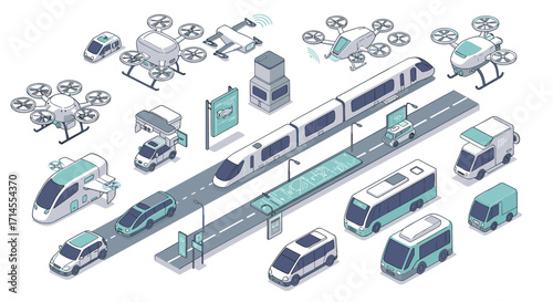 Futuristic urban mobility with drones and autonomous vehicles in an isometric design