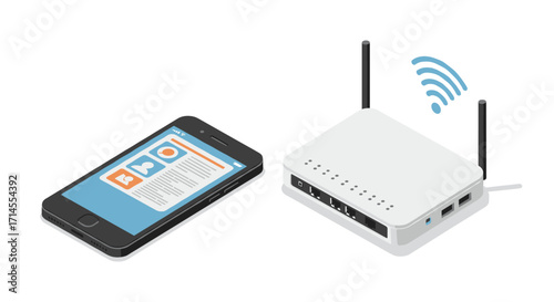 Isometric smartphone and wi-fi router: modern wireless connectivity concept