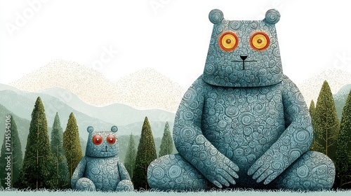 Serene Stone Bears in a Misty Mountain Forest