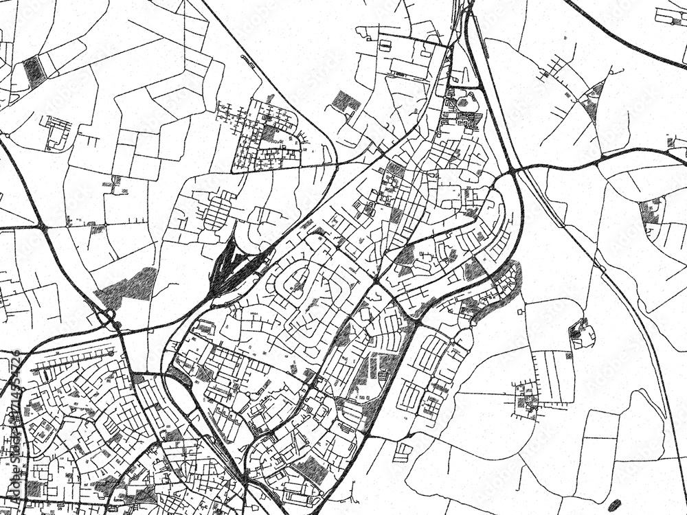 Fototapeta premium City map illustration of Lod, Israel, rendered in black and white sketch style.