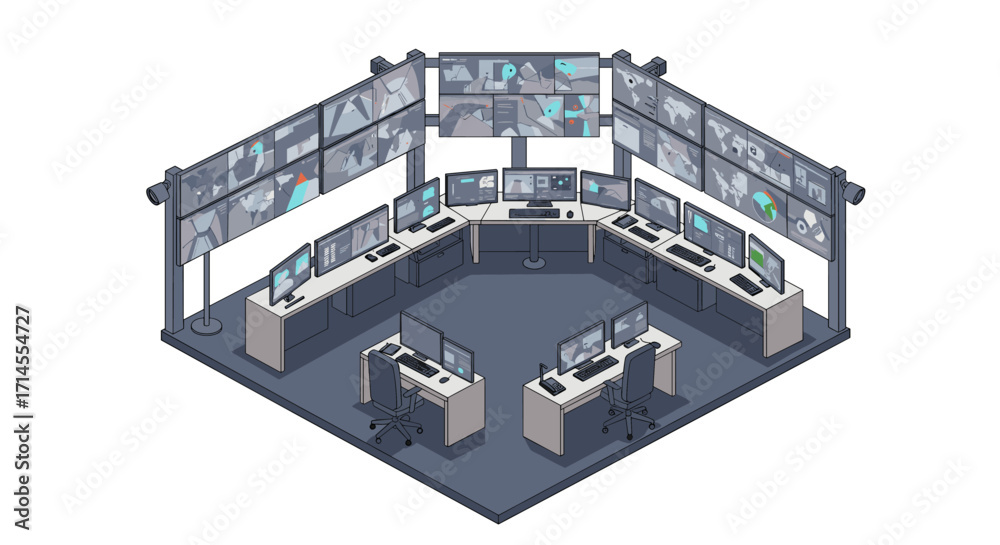 Obraz premium Modern surveillance control room with multiple monitors in isometric style