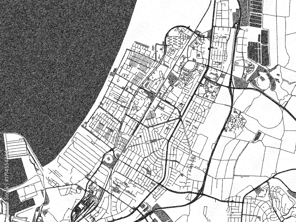 Naklejka premium Black and white cartographic illustration of Qiryat Motzkin, Israel, in hand-drawn sketch form.