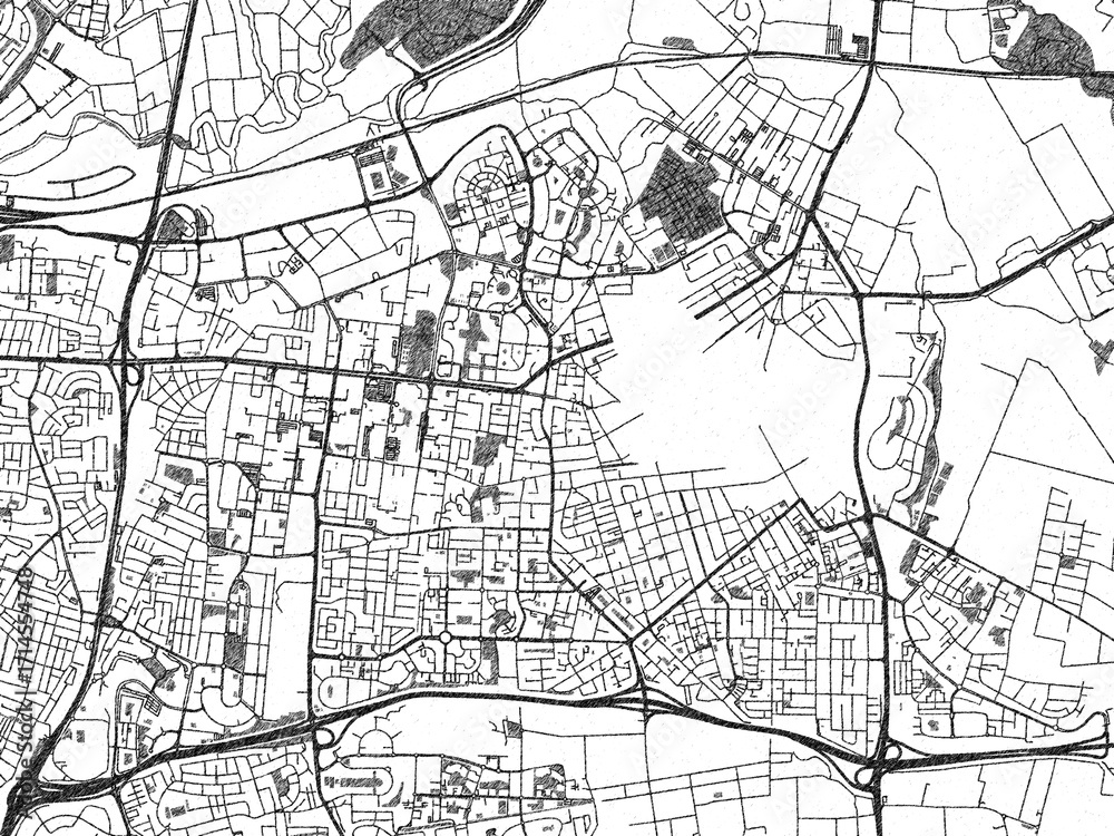 Naklejka premium Illustrated city map of Petah Tiqwa, Israel, in black and white, showing roads and textures.