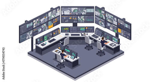 Isometric control room with modern technology and multiple display screens