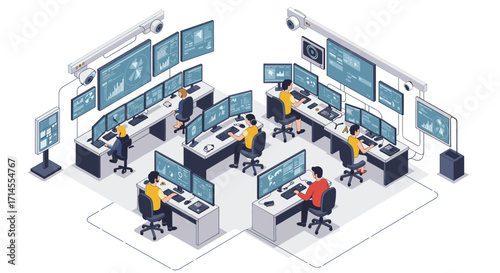 Modern isometric security control room with surveillance technology and monitors