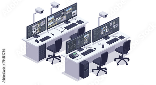 Modern isometric office workspace with multi-monitor setups for video editing