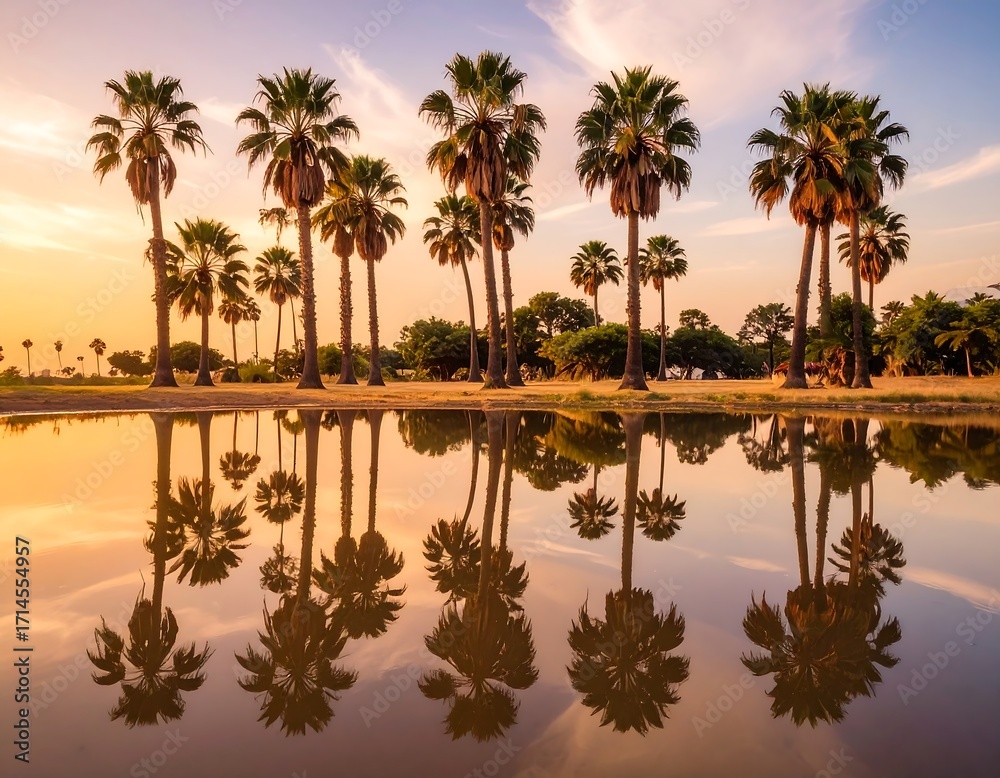 Obraz premium Palm trees reflected in a tranquil pond at sunset