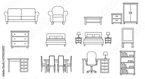 Minimal vector drawings of various furniture including sofas, chairs, tables, and cabinets in black line illustration.