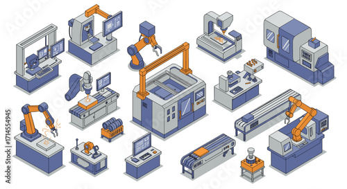 Isometric icons of advanced manufacturing technology and automation systems