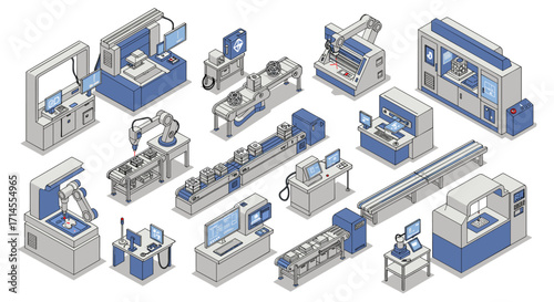 Modern isometric industrial machines and robotics assembly line for automation